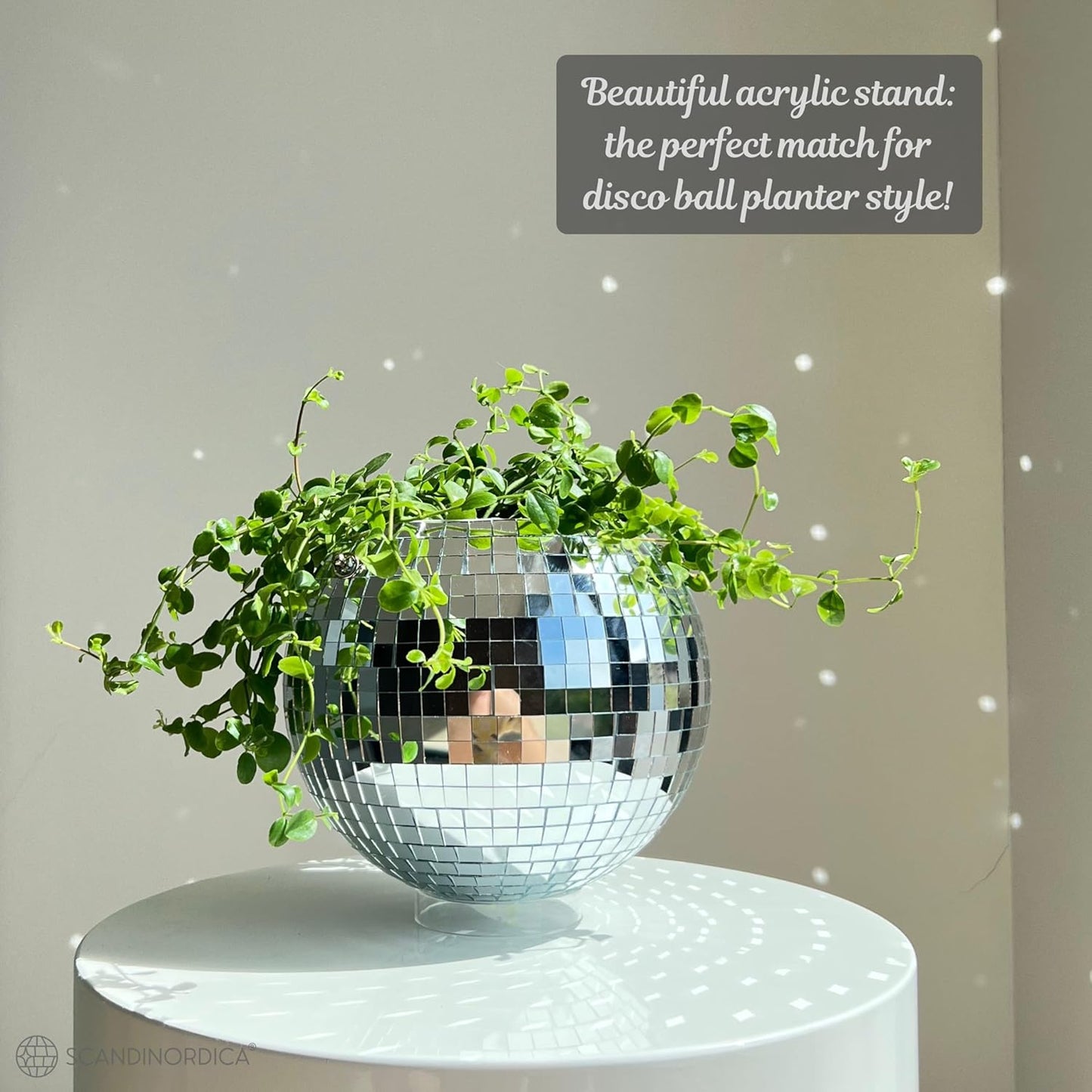 Disco Ball Planter – Value Package: Disco Planter with Chain, Macrame Hanger and Acrylic Stand, Includes Self Watering Insert, Preppy Room Decor, Funky Decor | 8 Inch Silver