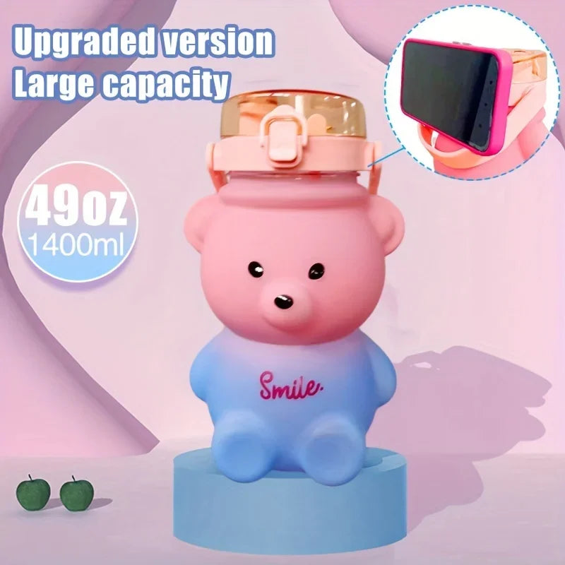 1Pc Cute Bear Water Bottle Bpa-Free Portable Kettle with Straw & Shoulder Strap Heat-Resistant Large-Capacity