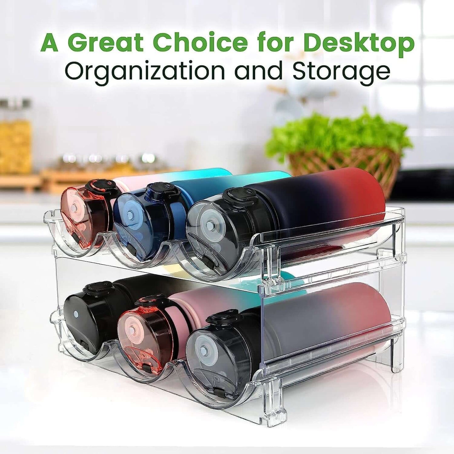 Stackable water bottle organizer for cabinet displaying multiple colored bottles in a clear storage rack.