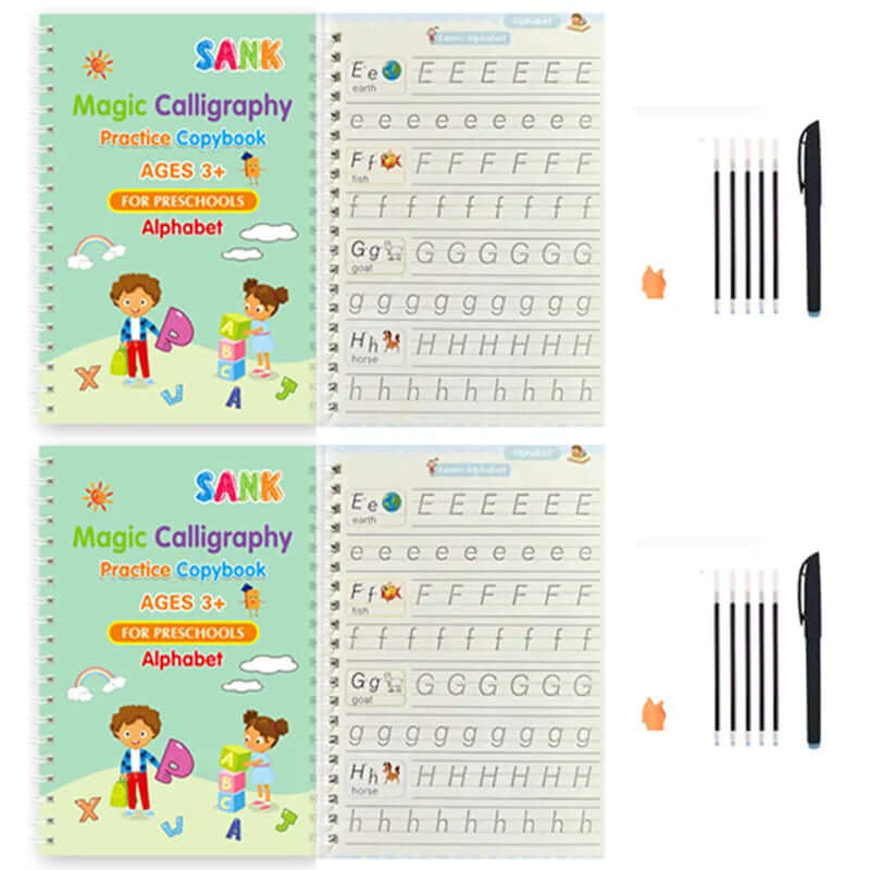 Calligraphy practice book for kids showing tracing pages and writing tools designed for children ages 3 and up.Calligraphy practice book for kids with alphabet pages, pen, holder, and refills for preschool handwriting practice.