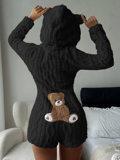 Women'S Cute Teddy Bear Embroidered Hooded Long Sleeve Fleece Sweatshirt, Comfortable Casual Fashion Design, Perfect Gift for Her, Daily Wear