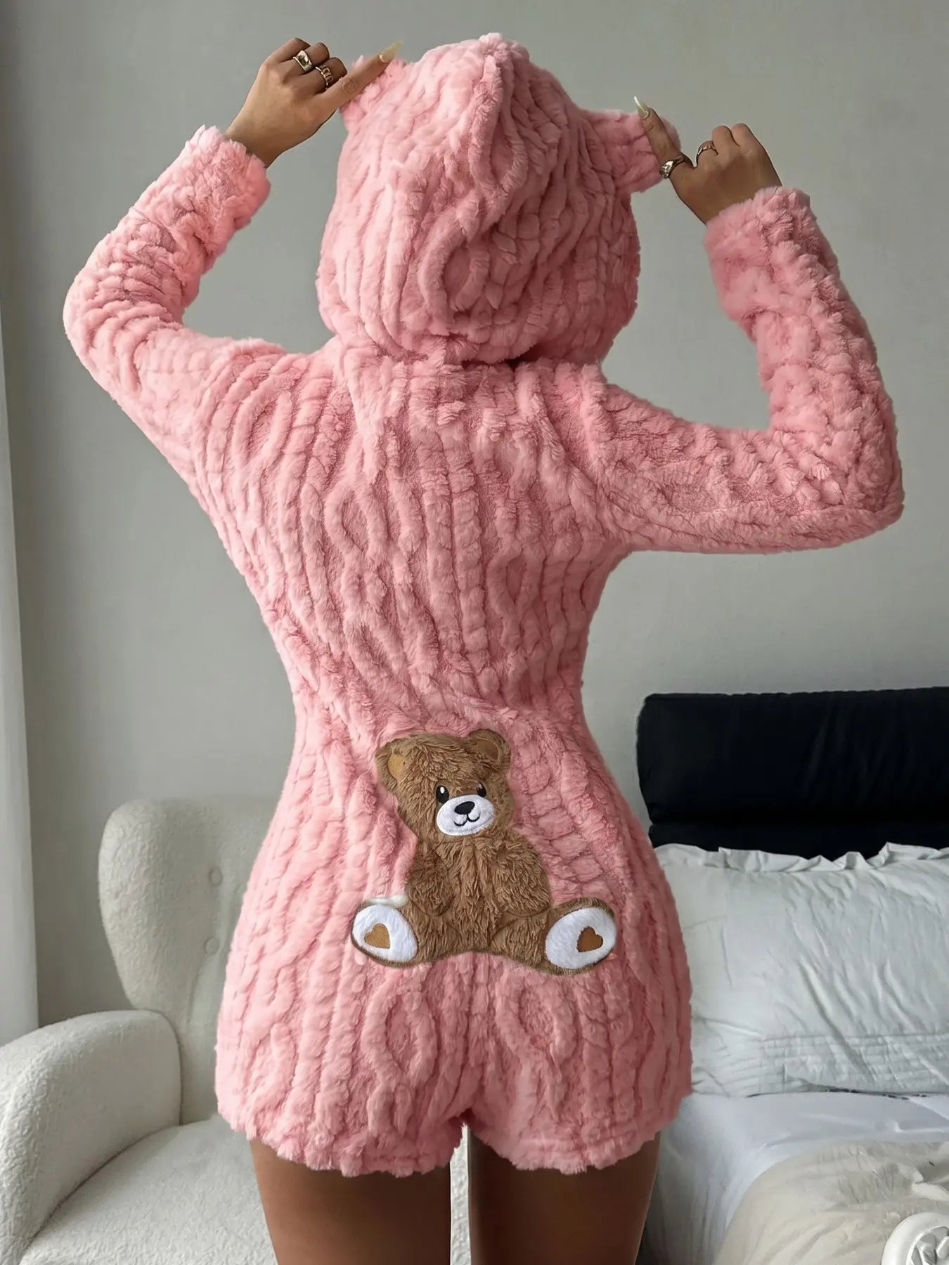 Women'S Cute Teddy Bear Embroidered Hooded Long Sleeve Fleece Sweatshirt, Comfortable Casual Fashion Design, Perfect Gift for Her, Daily Wear