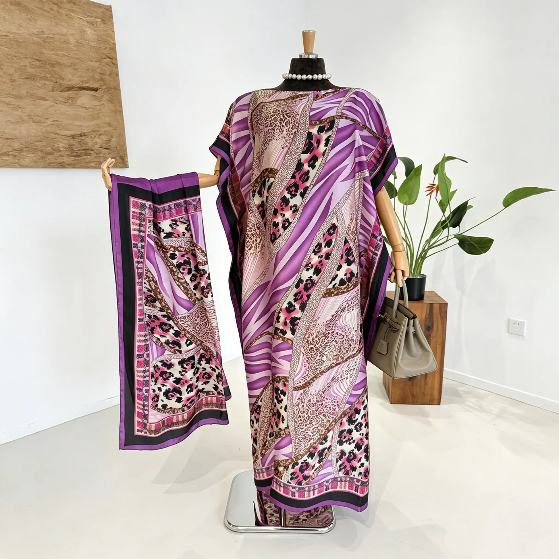 Moomoo Women'S 2 Piece Kaftan Set, Oversized Bohemian Rose Floral Print Satin Maxi Dress with Scarf for Party & Beach Vacation, Fashion Apparel