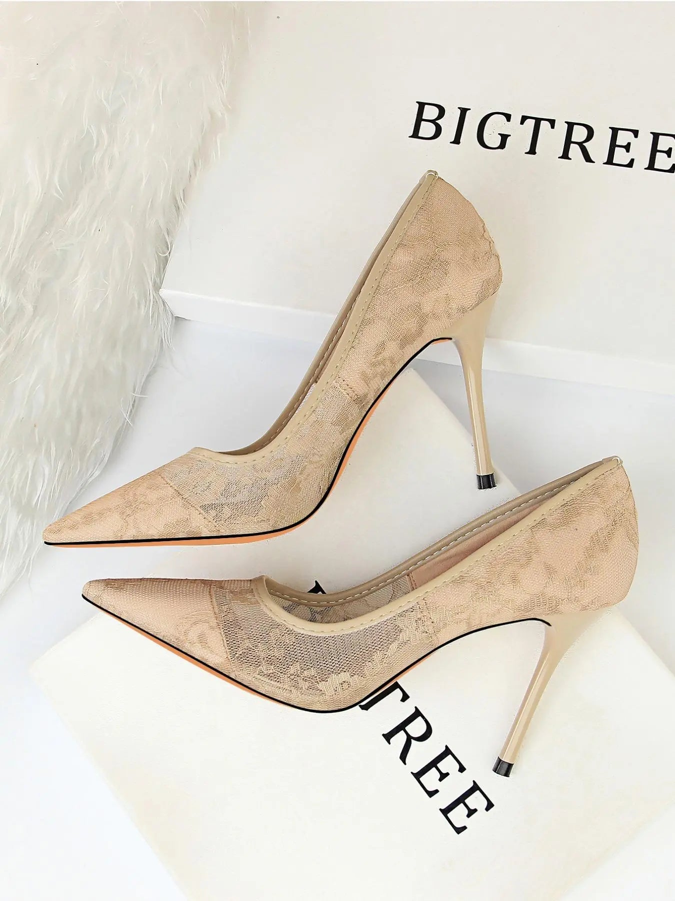 Women'S Mesh Hollow Design with Contrast Lace Pointed Toe Stiletto Heeled, Stylish Elegant Classy High Heeled Dress Formal Shoes for Party, Perfect Footwear for Outfit Matching, Wedding Party Shoes