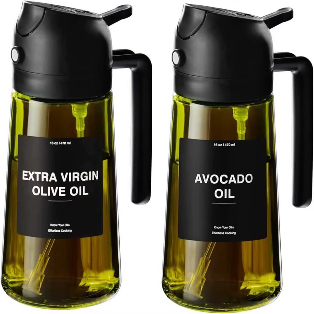 470 ML Oil Sprayer for Cooking,2-In-1 Olive Oil Dispenser and Oil Spray Bottle,Oil Spray with Stickers, Thick Glass Spray Bottle