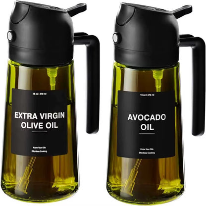 470 ML Oil Sprayer for Cooking,2-In-1 Olive Oil Dispenser and Oil Spray Bottle,Oil Spray with Stickers, Thick Glass Spray Bottle