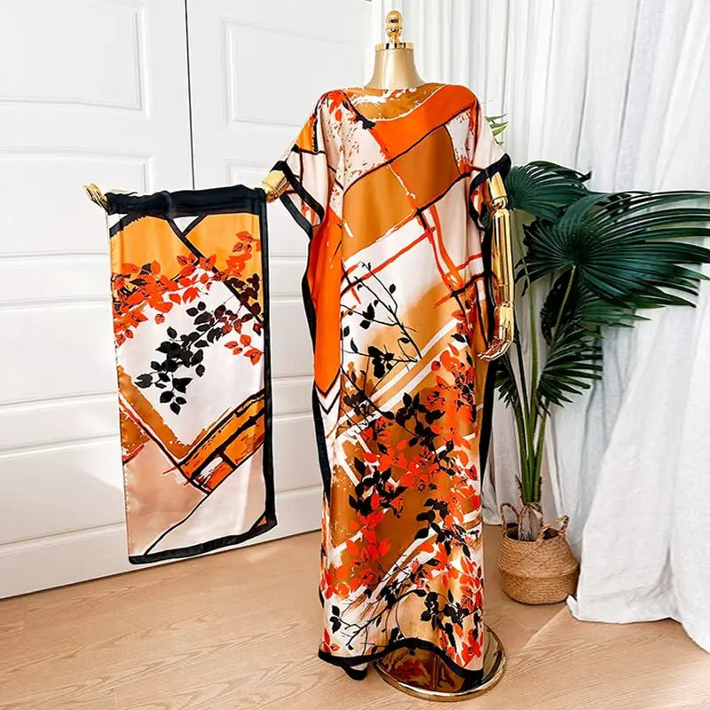 Moomoo Women'S 2 Piece Kaftan Set, Oversized Bohemian Rose Floral Print Satin Maxi Dress with Scarf for Party & Beach Vacation, Fashion Apparel