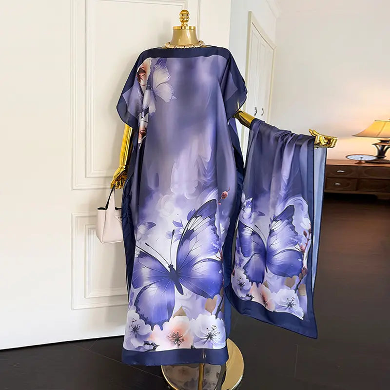 Moomoo Women'S 2 Piece Kaftan Set, Oversized Bohemian Rose Floral Print Satin Maxi Dress with Scarf for Party & Beach Vacation, Fashion Apparel