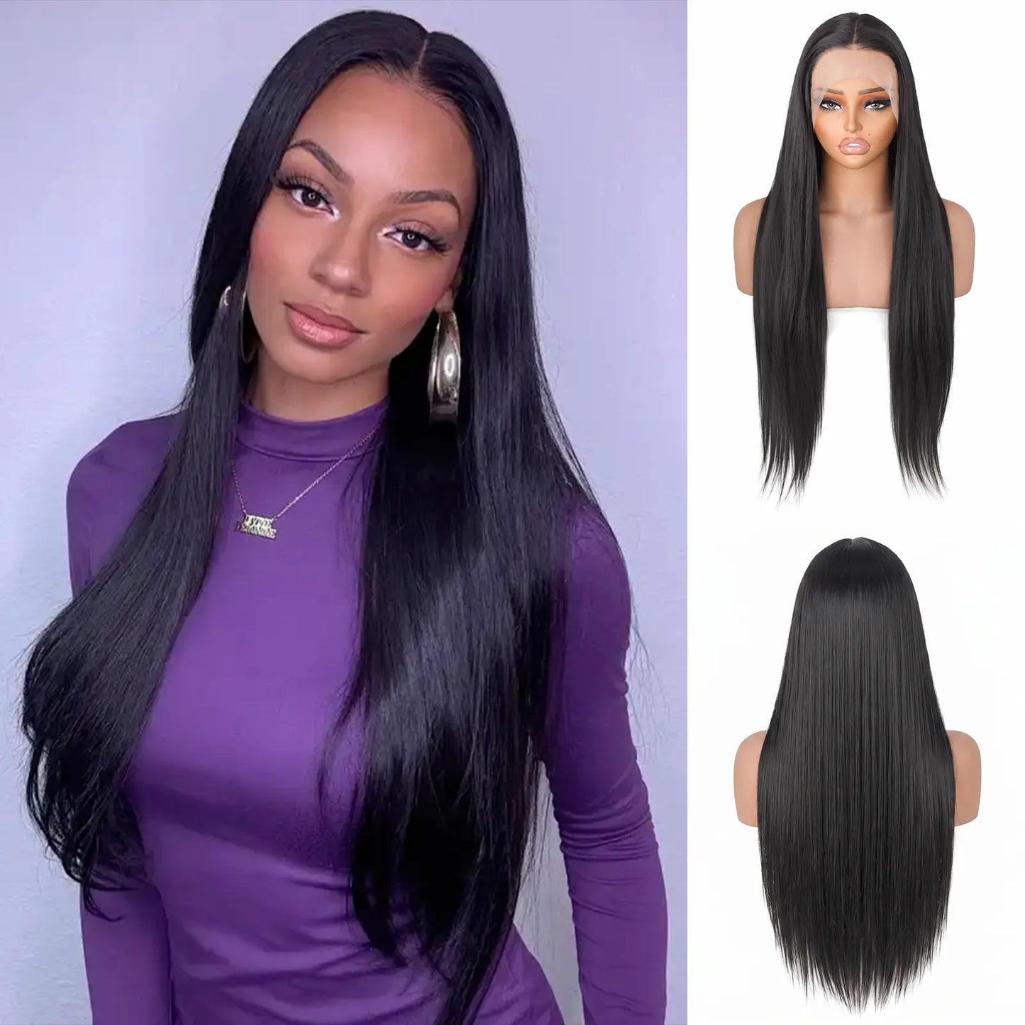 Lush Haute Synthetic Lace Front Wig 13X4 Lace Front Wigs Pre Plucked Long Straight Natural Black Wigs for Black Women 24Inch Ready to Wear Wigs with Baby Hair