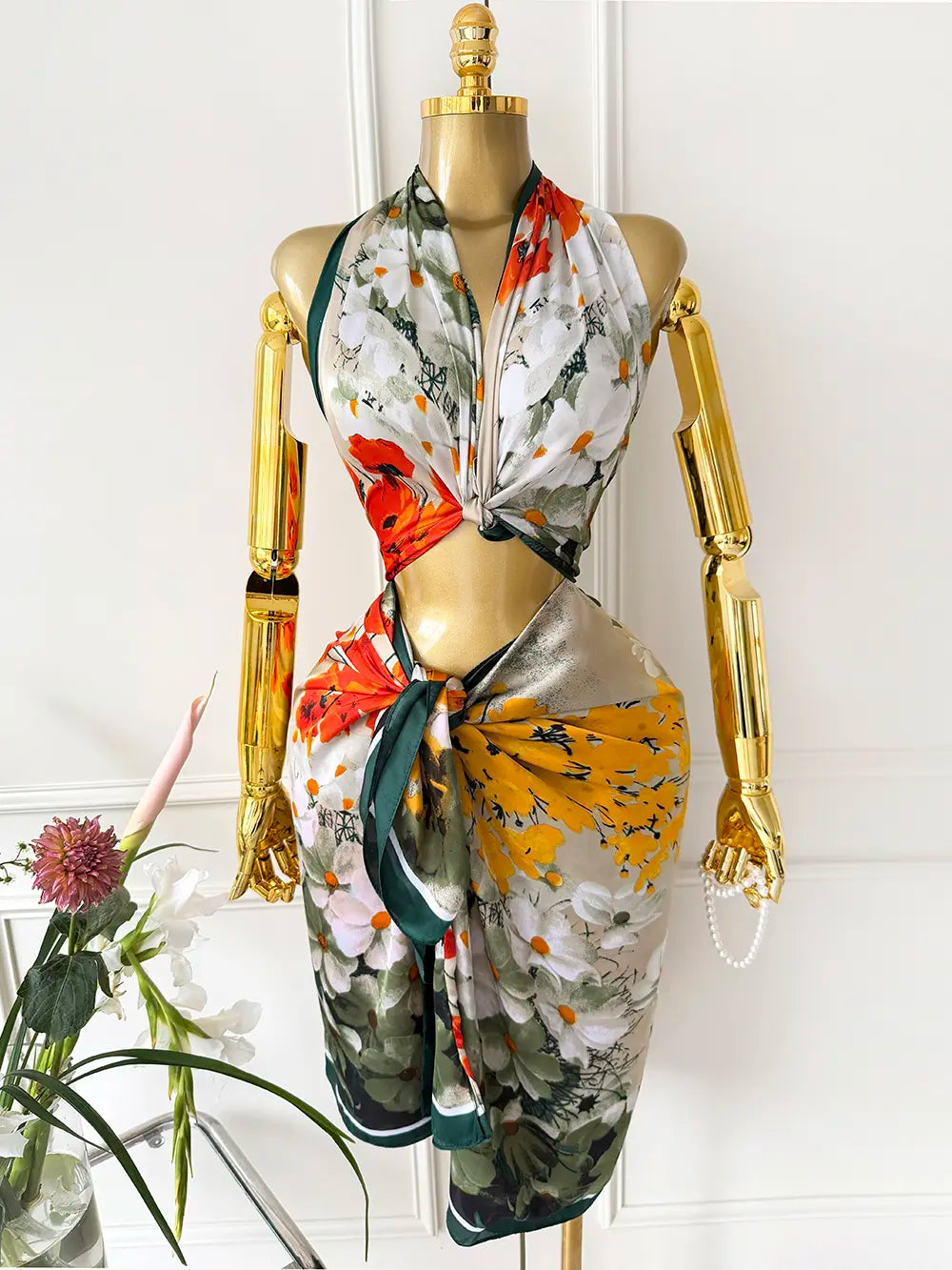 Moomoo Women'S 2 Piece Kaftan Set, Oversized Bohemian Rose Floral Print Satin Maxi Dress with Scarf for Party & Beach Vacation, Fashion Apparel