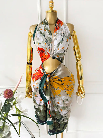 Moomoo Women'S 2 Piece Kaftan Set, Oversized Bohemian Rose Floral Print Satin Maxi Dress with Scarf for Party & Beach Vacation, Fashion Apparel