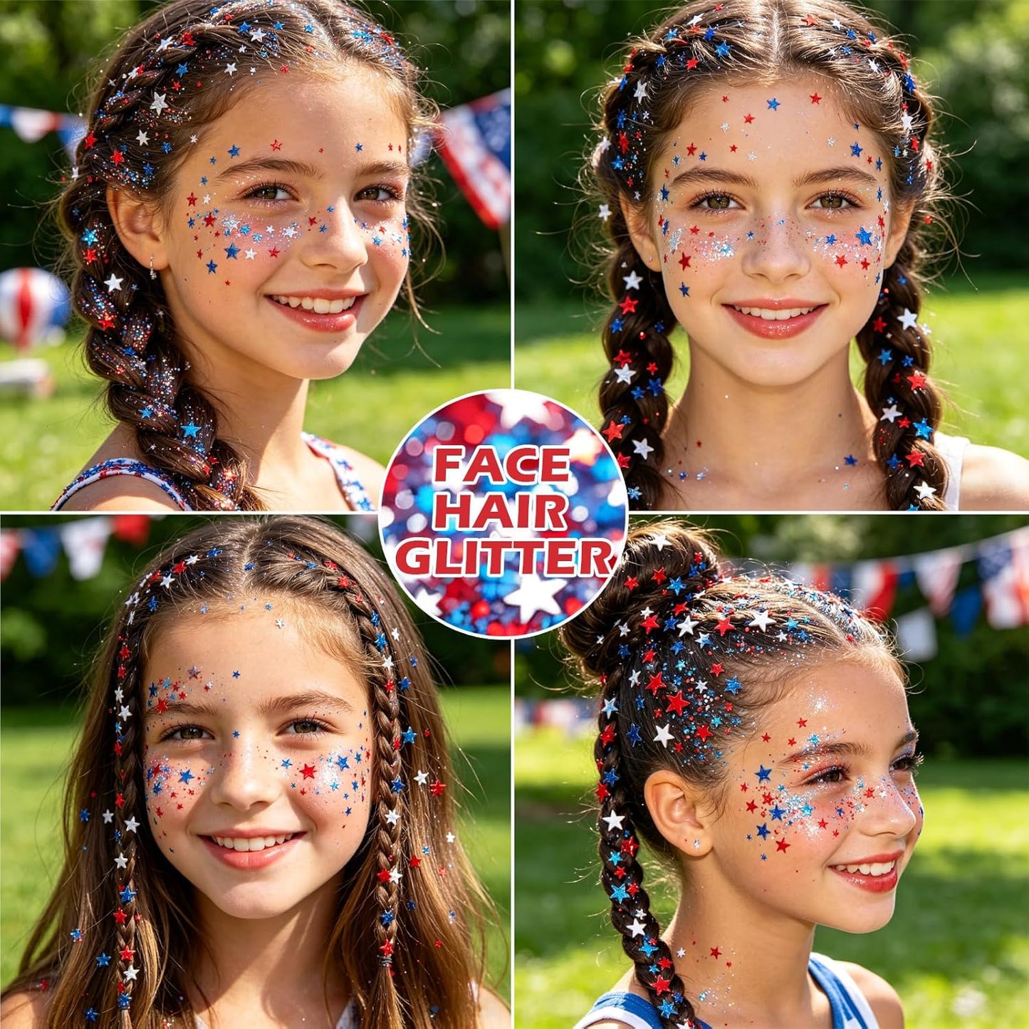 Patriotic 4Th of July Glitter Stick, Sparkle Red White and Blue Face Hair Body Glitter Independence Day 250 Anniversary Party, USA Flag 4Th of July Outfits and Accessories for Women Kids, Memorial Day