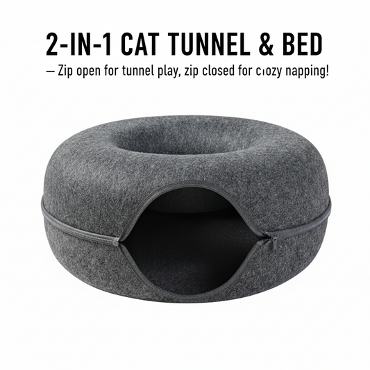 Donut Cat Tunnel Bed & Cave – Natural Felt Pet House with Interactive Toy for Cats