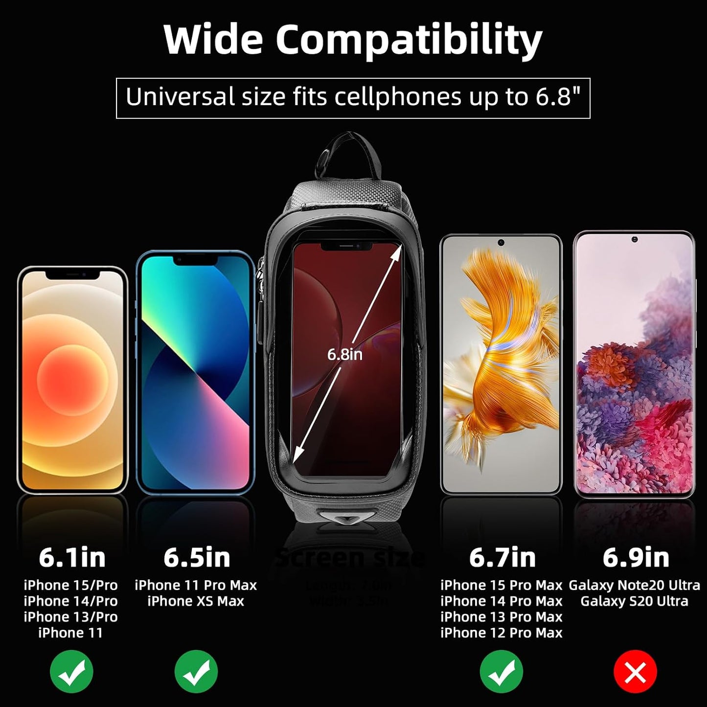 Bike Phone Bag Waterproof Bike Bag Phone Mount EVA Hard Shell Bike Pouch with Rain Cover Compatible with Iphone 14/12/11 Pro XR XS Max Phones below 6.8”