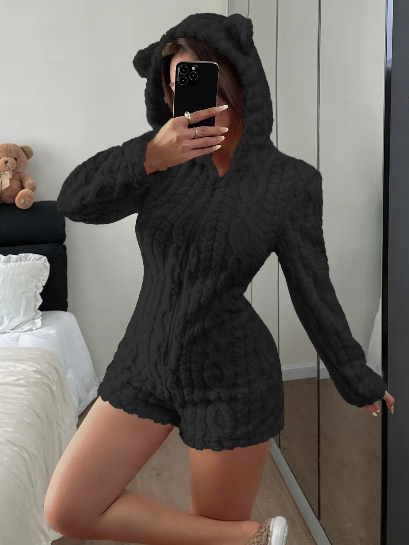Women'S Cute Teddy Bear Embroidered Hooded Long Sleeve Fleece Sweatshirt, Comfortable Casual Fashion Design, Perfect Gift for Her, Daily Wear