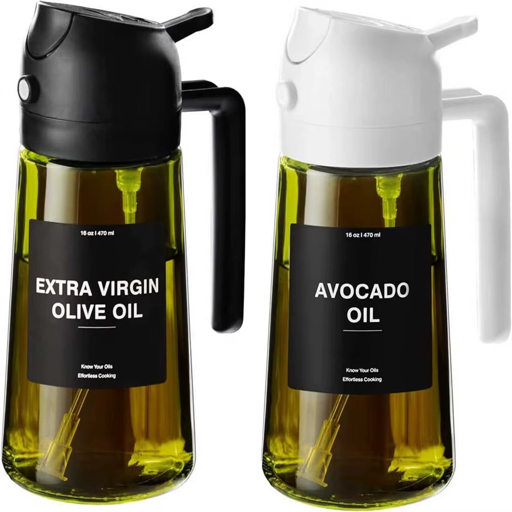 470 ML Oil Sprayer for Cooking,2-In-1 Olive Oil Dispenser and Oil Spray Bottle,Oil Spray with Stickers, Thick Glass Spray Bottle
