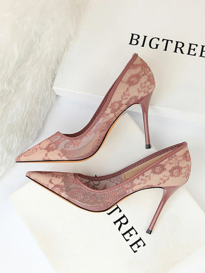Women'S Mesh Hollow Design with Contrast Lace Pointed Toe Stiletto Heeled, Stylish Elegant Classy High Heeled Dress Formal Shoes for Party, Perfect Footwear for Outfit Matching, Wedding Party Shoes
