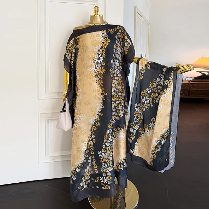 Moomoo Women'S 2 Piece Kaftan Set, Oversized Bohemian Rose Floral Print Satin Maxi Dress with Scarf for Party & Beach Vacation, Fashion Apparel