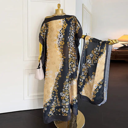 Moomoo Women'S 2 Piece Kaftan Set, Oversized Bohemian Rose Floral Print Satin Maxi Dress with Scarf for Party & Beach Vacation, Fashion Apparel