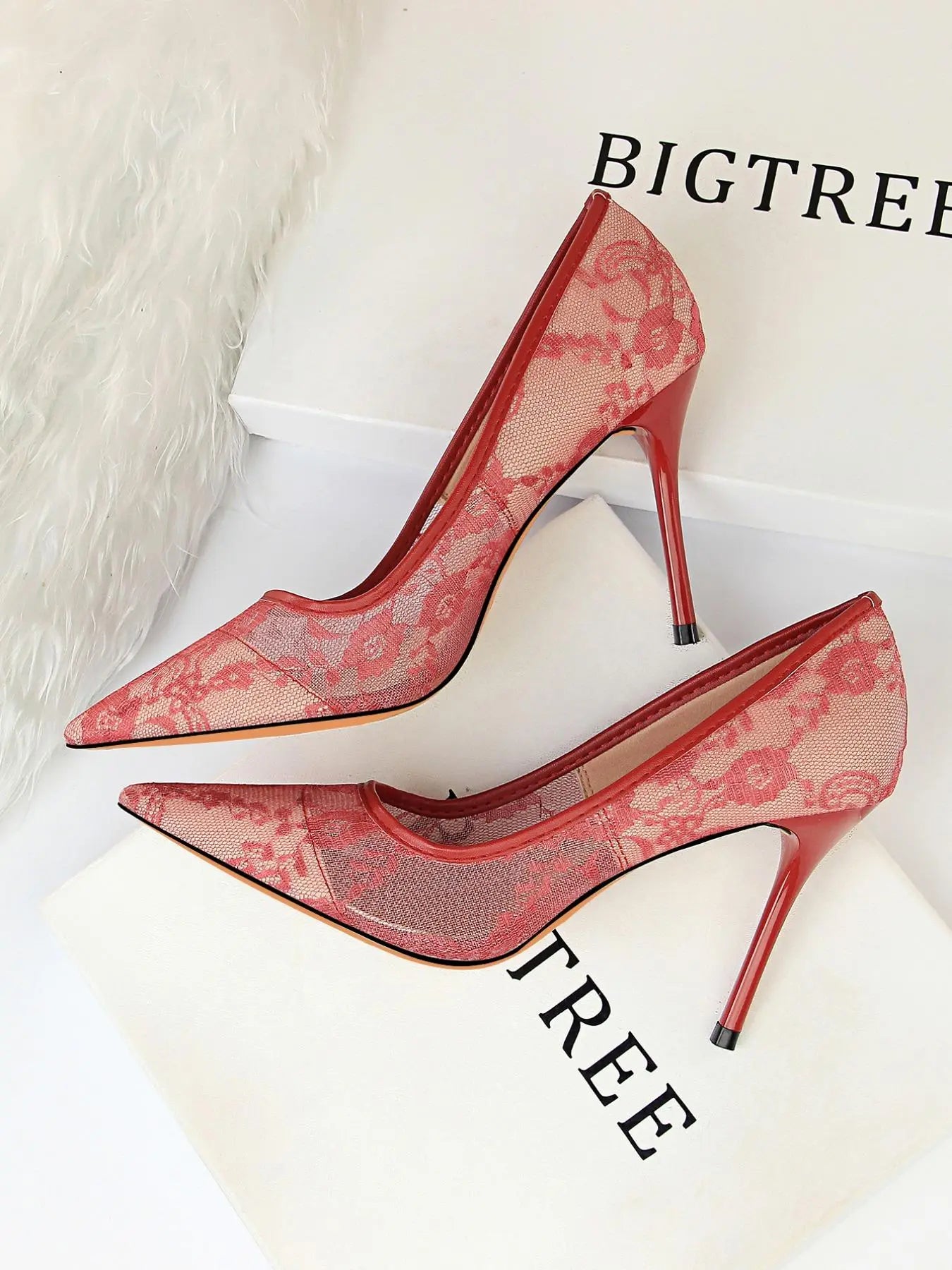 Women'S Mesh Hollow Design with Contrast Lace Pointed Toe Stiletto Heeled, Stylish Elegant Classy High Heeled Dress Formal Shoes for Party, Perfect Footwear for Outfit Matching, Wedding Party Shoes
