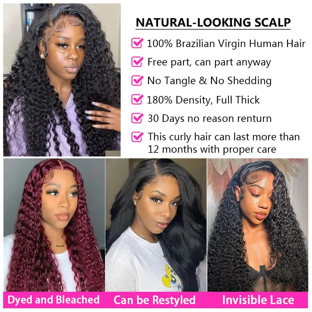 [28" = $117] 13X6 Deep Wave Lace Front Wig Human Hair 180 Density Wet and Wavy 13X4 Lace Frontal Wig Brazilian Burmese Curly Human Hair Wigs Pre Plucked Deep Curly 6X4 Glueless Wig 100% Virgin Human Hair Wigs Bling Hair Long Versatility Slight Shedding