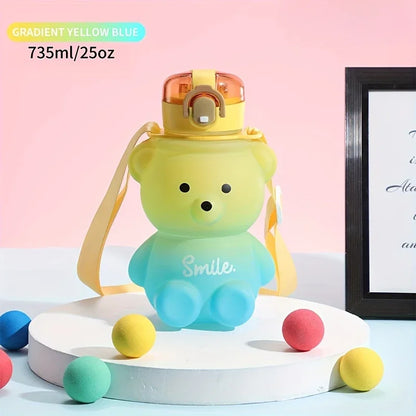 1Pc Cute Bear Water Bottle Bpa-Free Portable Kettle with Straw & Shoulder Strap Heat-Resistant Large-Capacity
