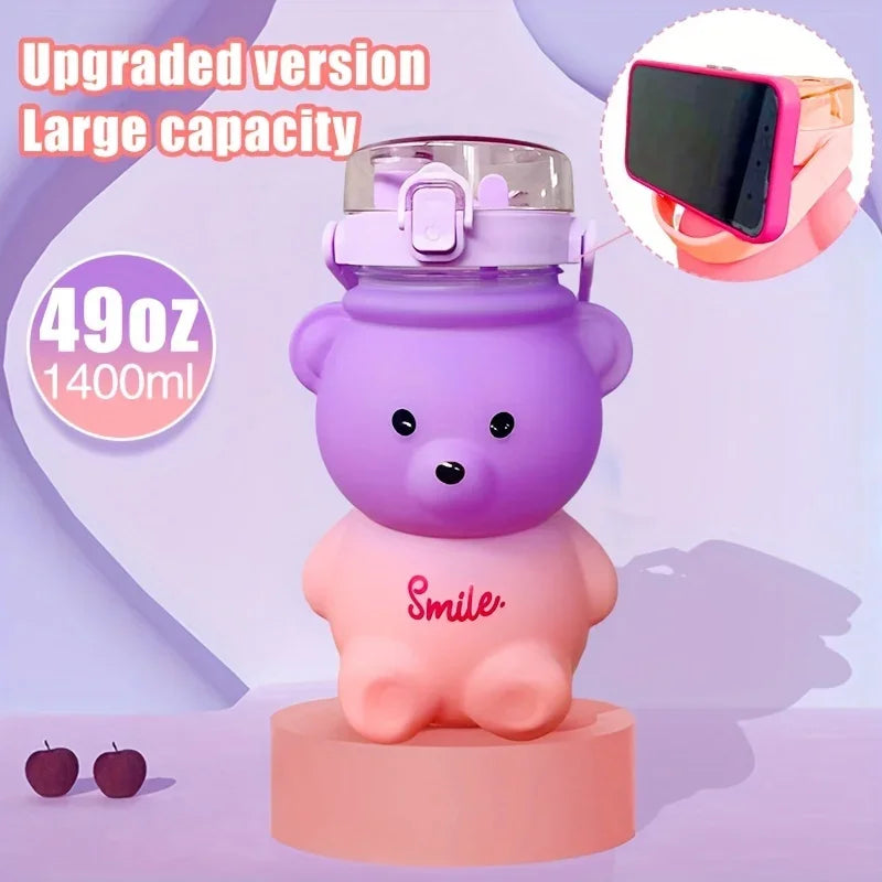 1Pc Cute Bear Water Bottle Bpa-Free Portable Kettle with Straw & Shoulder Strap Heat-Resistant Large-Capacity