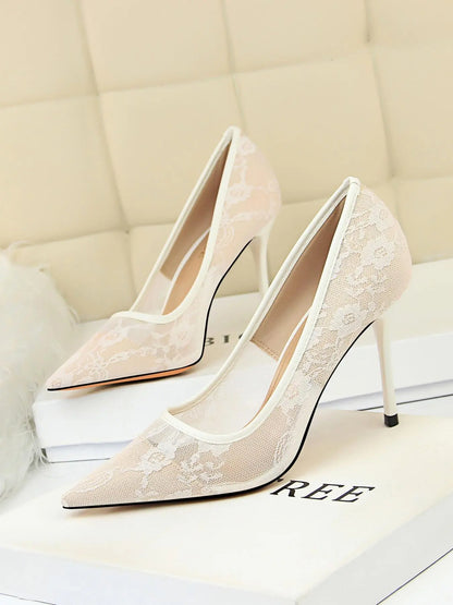 Women'S Mesh Hollow Design with Contrast Lace Pointed Toe Stiletto Heeled, Stylish Elegant Classy High Heeled Dress Formal Shoes for Party, Perfect Footwear for Outfit Matching, Wedding Party Shoes