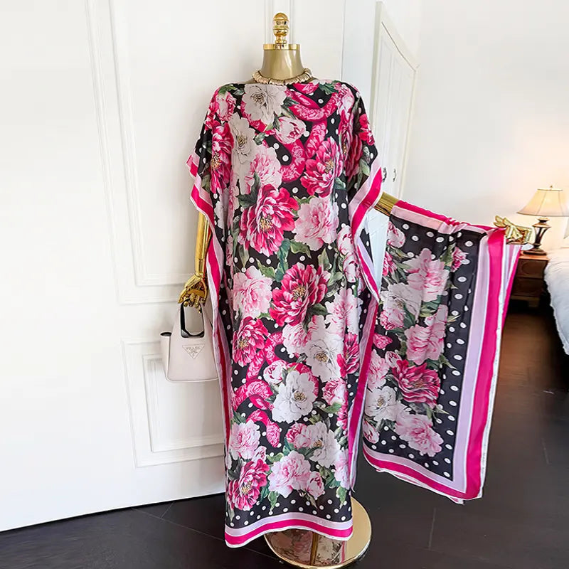 Moomoo Women'S 2 Piece Kaftan Set, Oversized Bohemian Rose Floral Print Satin Maxi Dress with Scarf for Party & Beach Vacation, Fashion Apparel
