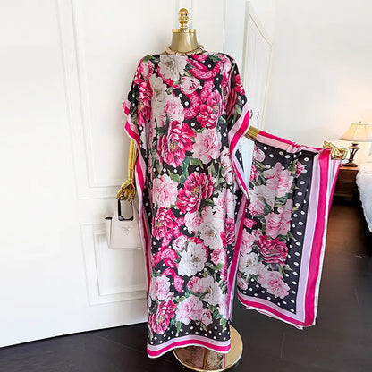 Moomoo Women'S 2 Piece Kaftan Set, Oversized Bohemian Rose Floral Print Satin Maxi Dress with Scarf for Party & Beach Vacation, Fashion Apparel
