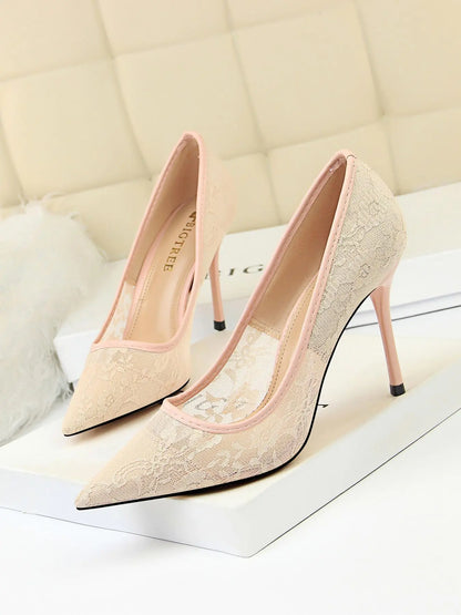 Women'S Mesh Hollow Design with Contrast Lace Pointed Toe Stiletto Heeled, Stylish Elegant Classy High Heeled Dress Formal Shoes for Party, Perfect Footwear for Outfit Matching, Wedding Party Shoes