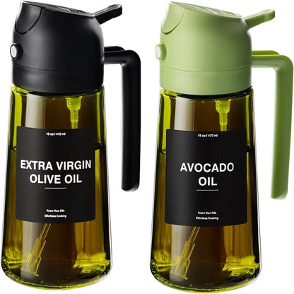 470 ML Oil Sprayer for Cooking,2-In-1 Olive Oil Dispenser and Oil Spray Bottle,Oil Spray with Stickers, Thick Glass Spray Bottle