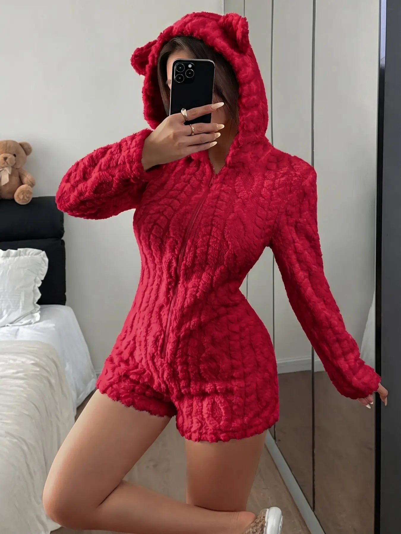 Women'S Cute Teddy Bear Embroidered Hooded Long Sleeve Fleece Sweatshirt, Comfortable Casual Fashion Design, Perfect Gift for Her, Daily Wear