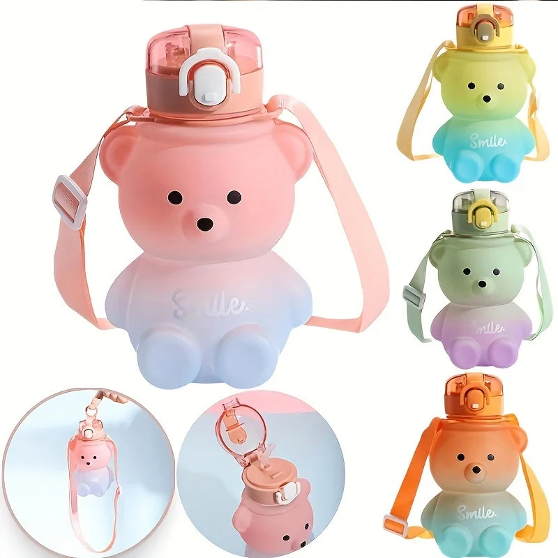 1Pc Cute Bear Water Bottle Bpa-Free Portable Kettle with Straw & Shoulder Strap Heat-Resistant Large-Capacity