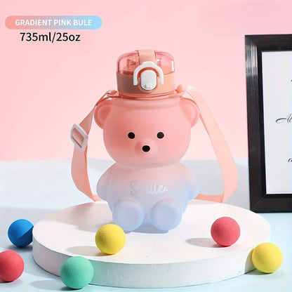 1Pc Cute Bear Water Bottle Bpa-Free Portable Kettle with Straw & Shoulder Strap Heat-Resistant Large-Capacity