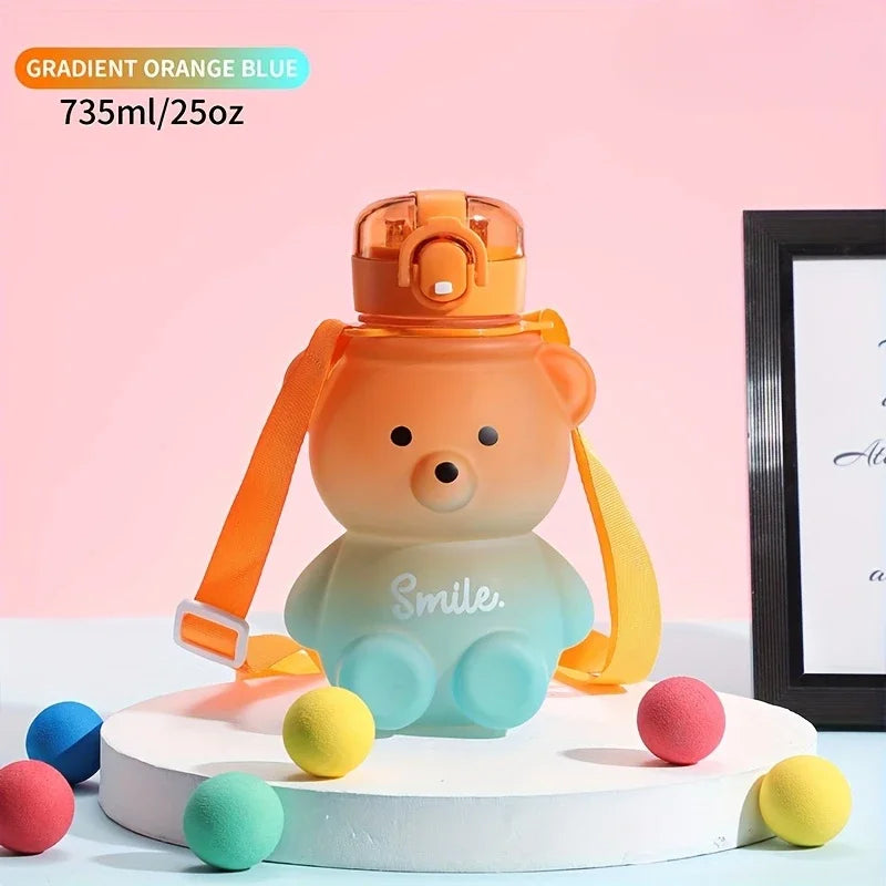 1Pc Cute Bear Water Bottle Bpa-Free Portable Kettle with Straw & Shoulder Strap Heat-Resistant Large-Capacity