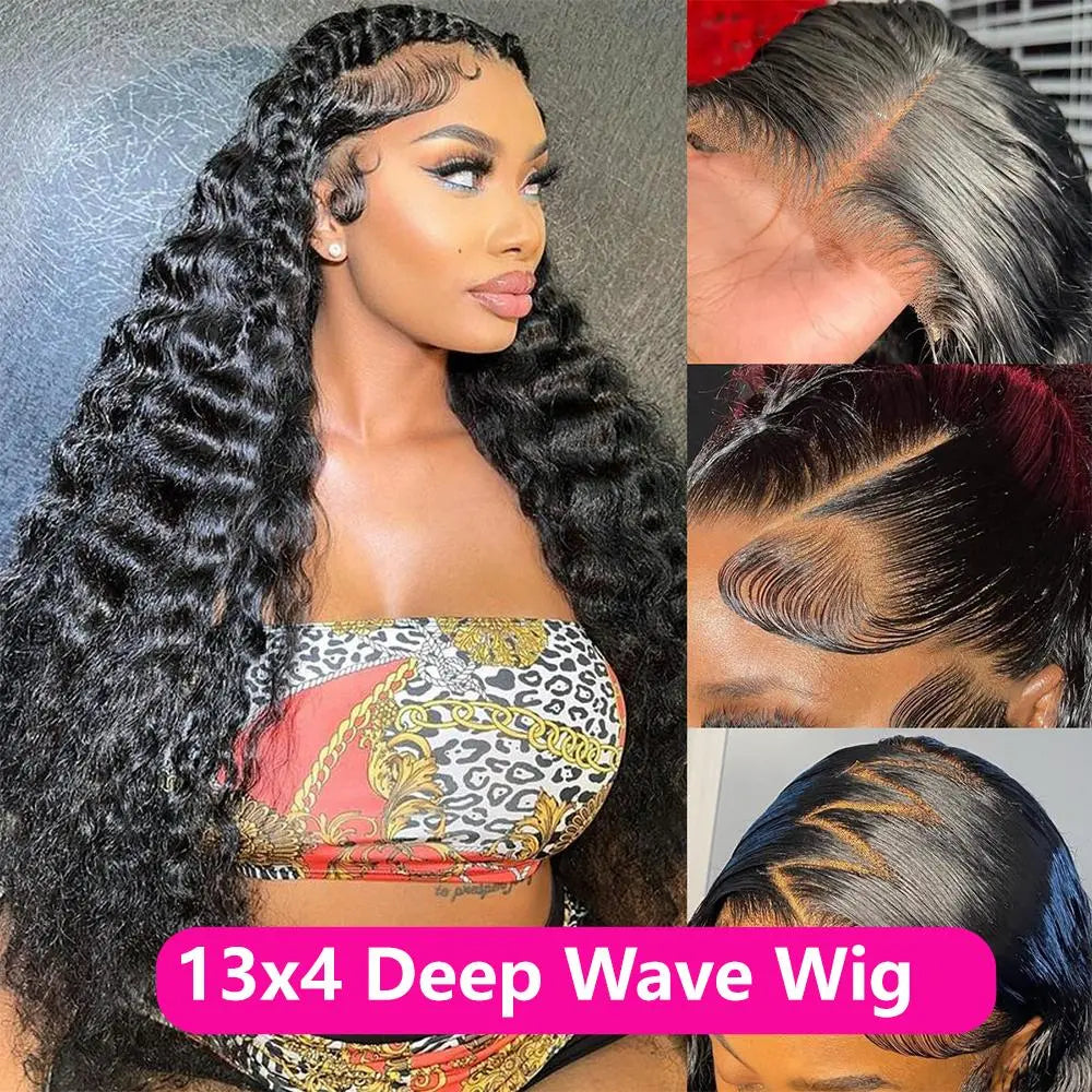 [28" = $117] 13X6 Deep Wave Lace Front Wig Human Hair 180 Density Wet and Wavy 13X4 Lace Frontal Wig Brazilian Burmese Curly Human Hair Wigs Pre Plucked Deep Curly 6X4 Glueless Wig 100% Virgin Human Hair Wigs Bling Hair Long Versatility Slight Shedding