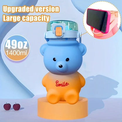 1Pc Cute Bear Water Bottle Bpa-Free Portable Kettle with Straw & Shoulder Strap Heat-Resistant Large-Capacity