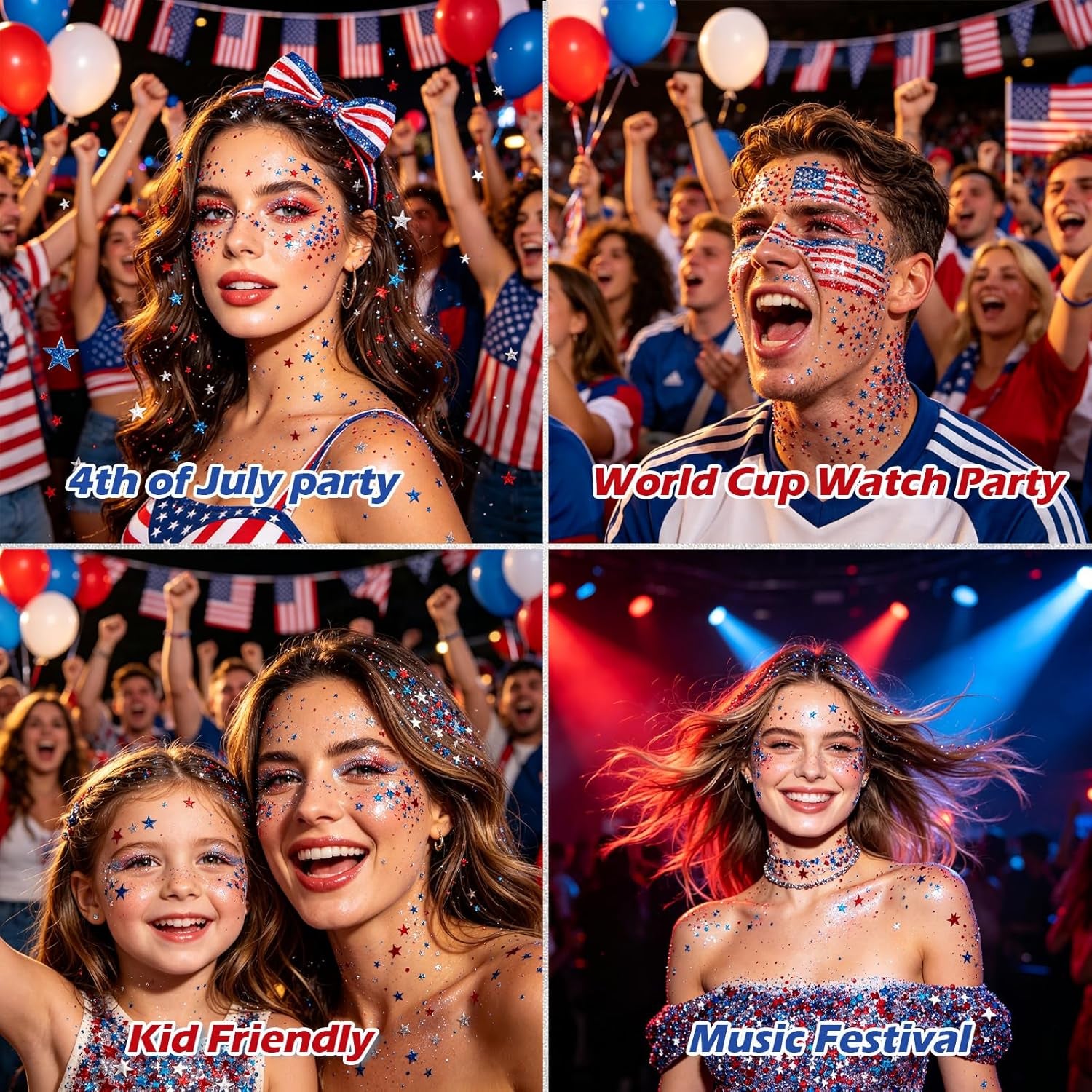 Patriotic 4Th of July Glitter Stick, Sparkle Red White and Blue Face Hair Body Glitter Independence Day 250 Anniversary Party, USA Flag 4Th of July Outfits and Accessories for Women Kids, Memorial Day