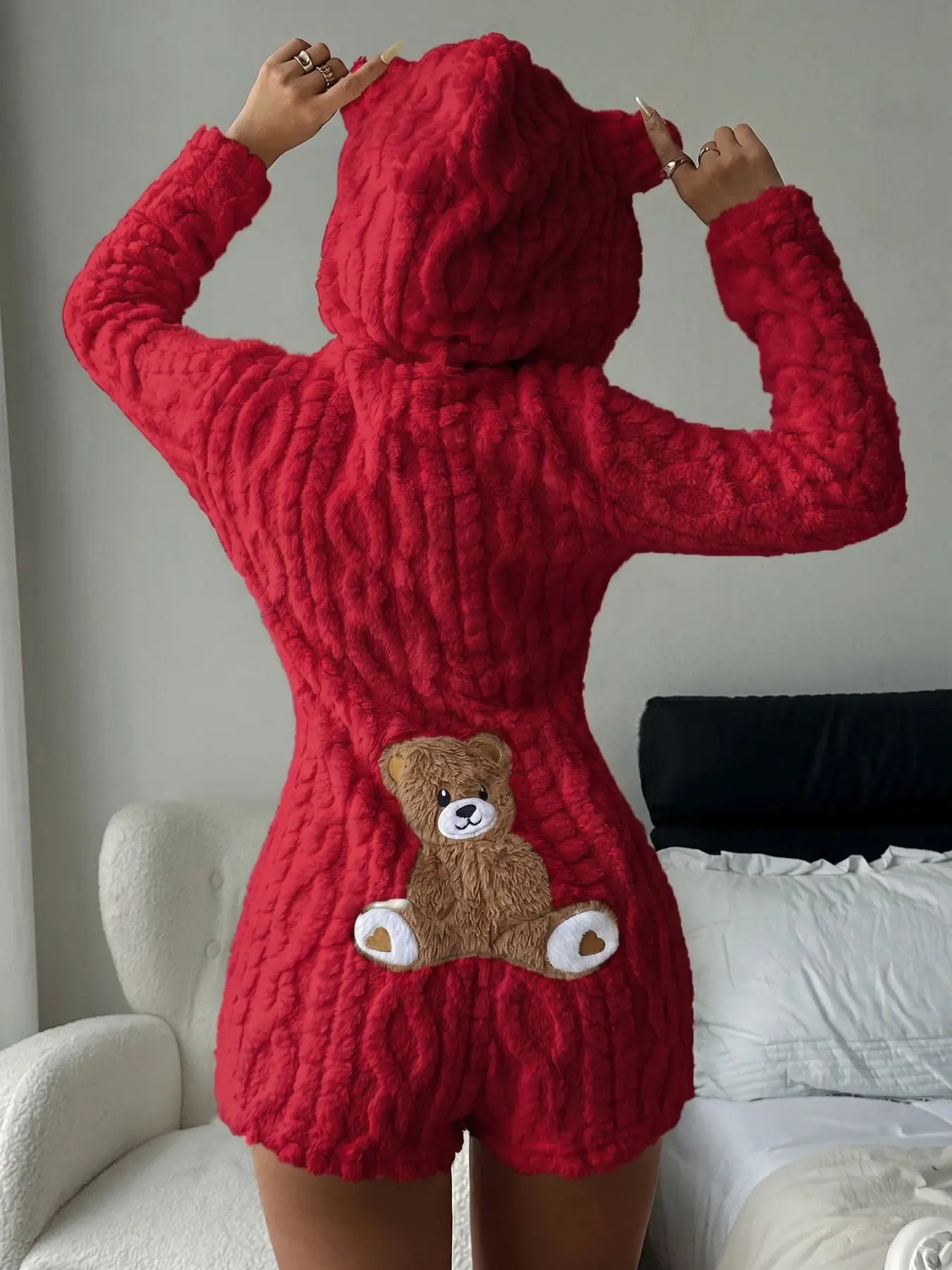 Women'S Cute Teddy Bear Embroidered Hooded Long Sleeve Fleece Sweatshirt, Comfortable Casual Fashion Design, Perfect Gift for Her, Daily Wear