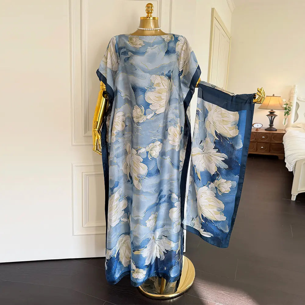 Moomoo Women'S 2 Piece Kaftan Set, Oversized Bohemian Rose Floral Print Satin Maxi Dress with Scarf for Party & Beach Vacation, Fashion Apparel