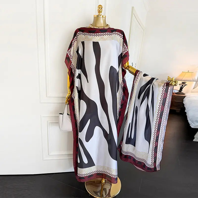 Moomoo Women'S 2 Piece Kaftan Set, Oversized Bohemian Rose Floral Print Satin Maxi Dress with Scarf for Party & Beach Vacation, Fashion Apparel