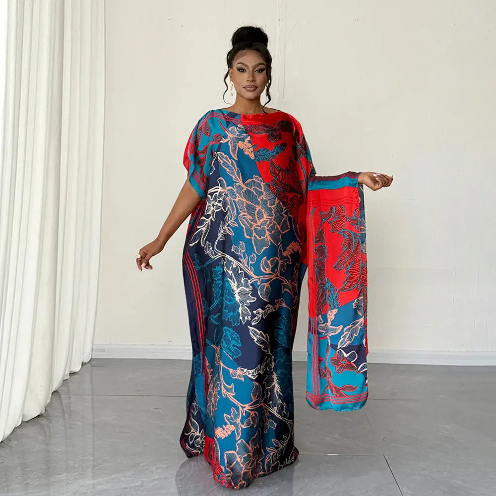 Moomoo Women'S 2 Piece Kaftan Set, Oversized Bohemian Rose Floral Print Satin Maxi Dress with Scarf for Party & Beach Vacation, Fashion Apparel