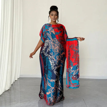 Moomoo Women'S 2 Piece Kaftan Set, Oversized Bohemian Rose Floral Print Satin Maxi Dress with Scarf for Party & Beach Vacation, Fashion Apparel