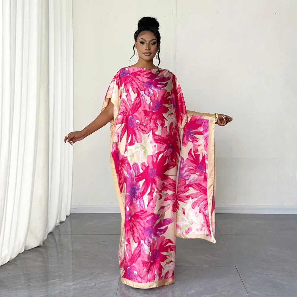 Moomoo Women'S 2 Piece Kaftan Set, Oversized Bohemian Rose Floral Print Satin Maxi Dress with Scarf for Party & Beach Vacation, Fashion Apparel