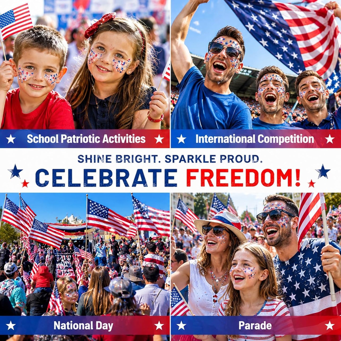 Patriotic 4Th of July Glitter Stick, Sparkle Red White and Blue Face Hair Body Glitter Independence Day 250 Anniversary Party, USA Flag 4Th of July Outfits and Accessories for Women Kids, Memorial Day