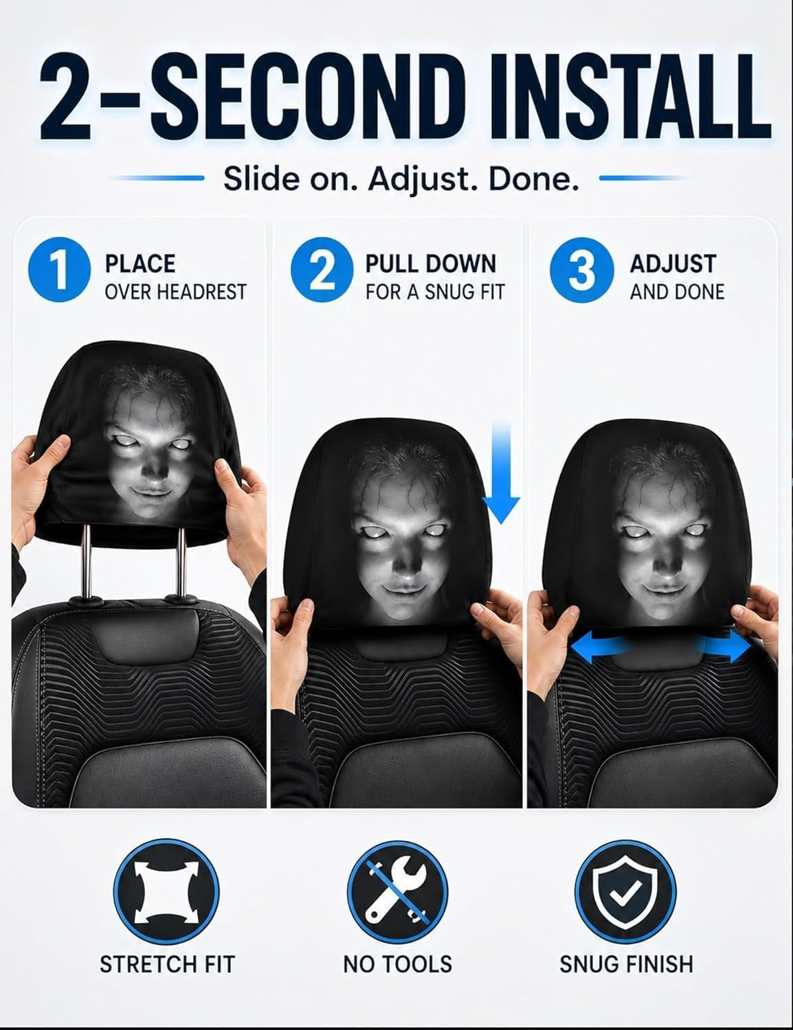 2PCS Ghost Face Headrest Covers, Scary Face Printing Auto Seat Universal Elastic Models Headrest Protector (A)