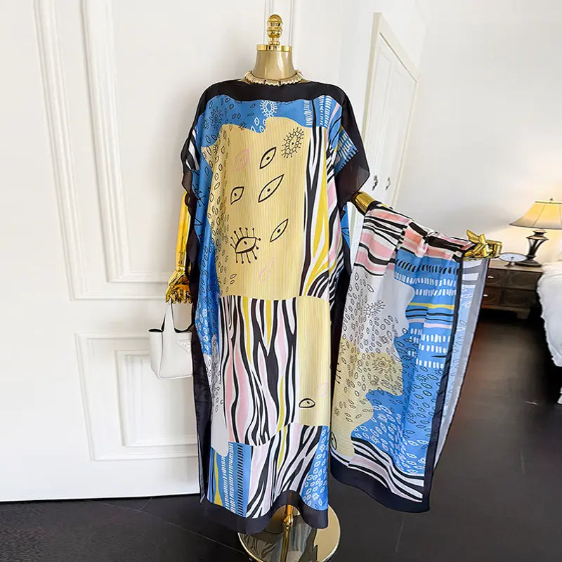 Moomoo Women'S 2 Piece Kaftan Set, Oversized Bohemian Rose Floral Print Satin Maxi Dress with Scarf for Party & Beach Vacation, Fashion Apparel