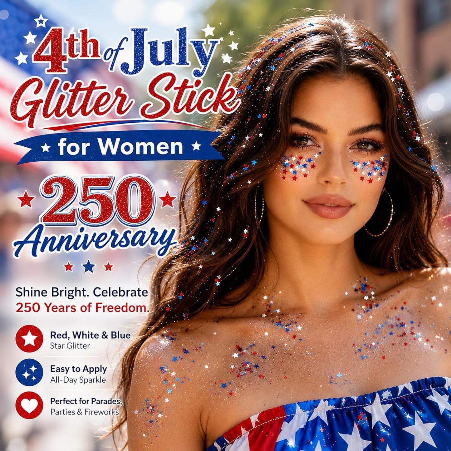 Patriotic 4Th of July Glitter Stick, Sparkle Red White and Blue Face Hair Body Glitter Independence Day 250 Anniversary Party, USA Flag 4Th of July Outfits and Accessories for Women Kids, Memorial Day