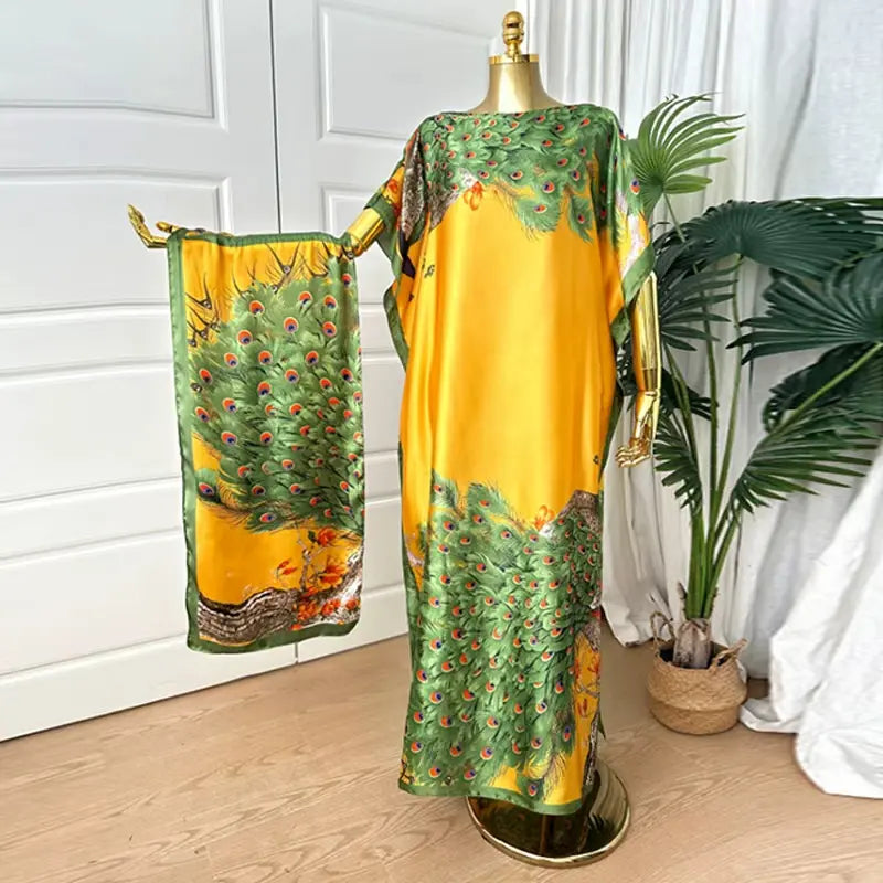 Moomoo Women'S 2 Piece Kaftan Set, Oversized Bohemian Rose Floral Print Satin Maxi Dress with Scarf for Party & Beach Vacation, Fashion Apparel